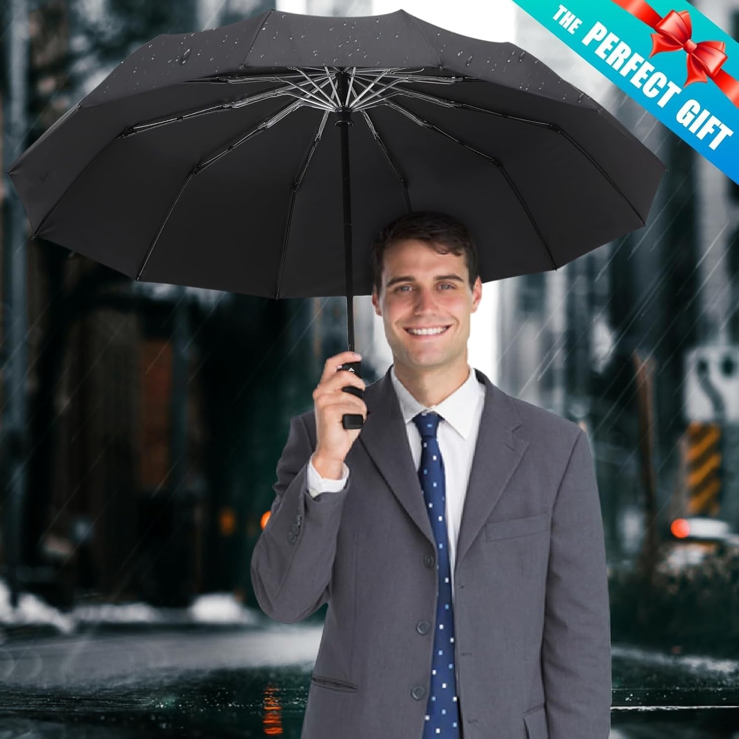 new GAOYAING 46 Inch Large Automatic Travel Umbrella, 12 Ribs Windproof Black GAOYAING - KOEEK