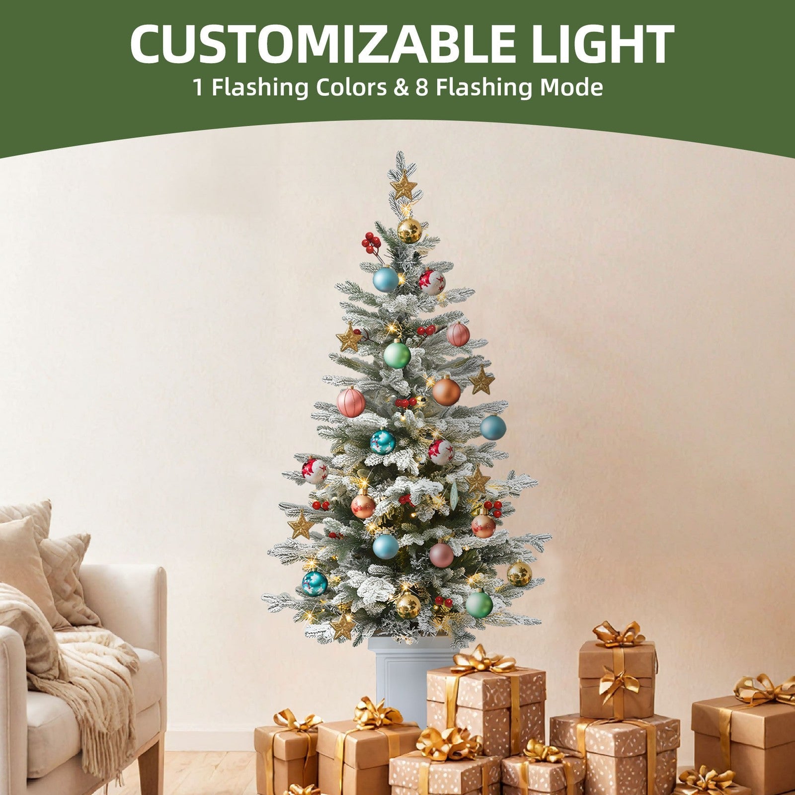 4.5ft Potted Pre-Lit Flocked Pencil Christmas Tree Slim Fir Tree with 100 Lights 07FC0E-D4 - KOEEK