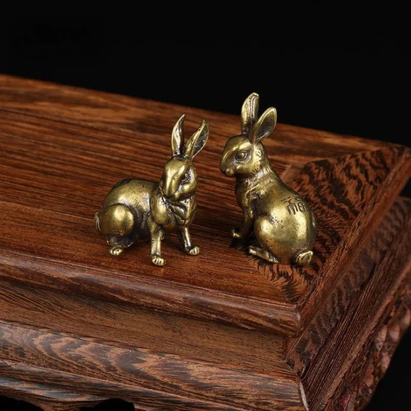 1 Pair Retro Brass Little Luck Rabbit Statue Ornament Carved Tea Pet Decoration 07FC0E-D4 - KOEEK