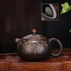 Pottery Tea Pot With Ball Shaped Infuser Holes Dragon Carved Xishi Pot Handmade 07FC0E-D4 - KOEEK