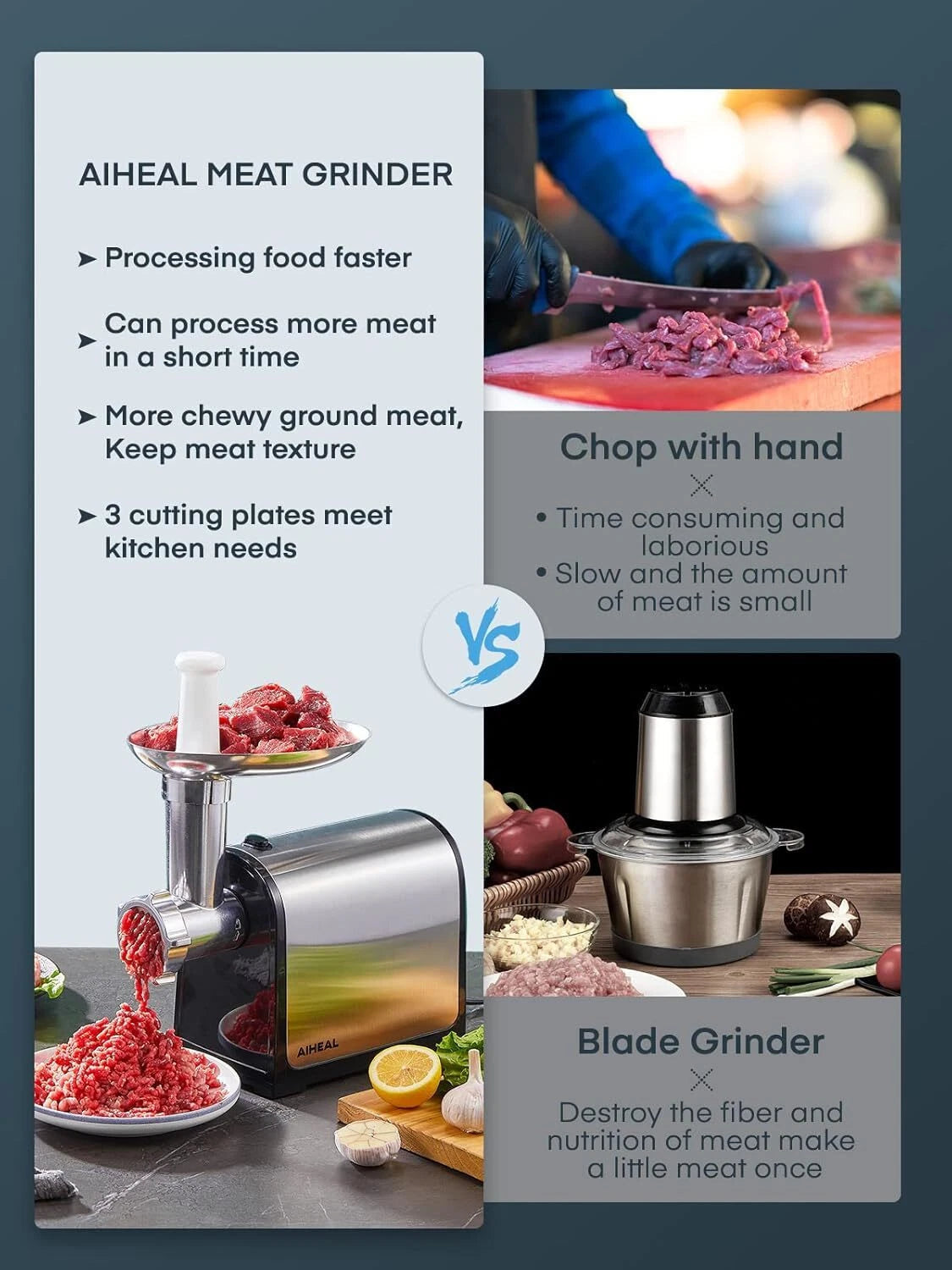 Electric meat grinder with 3 sausage tubes for home kitchen, stainless steel 07FC0E-D4 - KOEEK