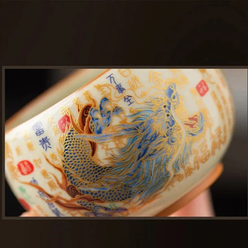 150ml Ceramic Ru Kiln Handpainted Dragon Phoenix Zen Tea-tasting Cup Master Cup 07FC0E-D4 - KOEEK