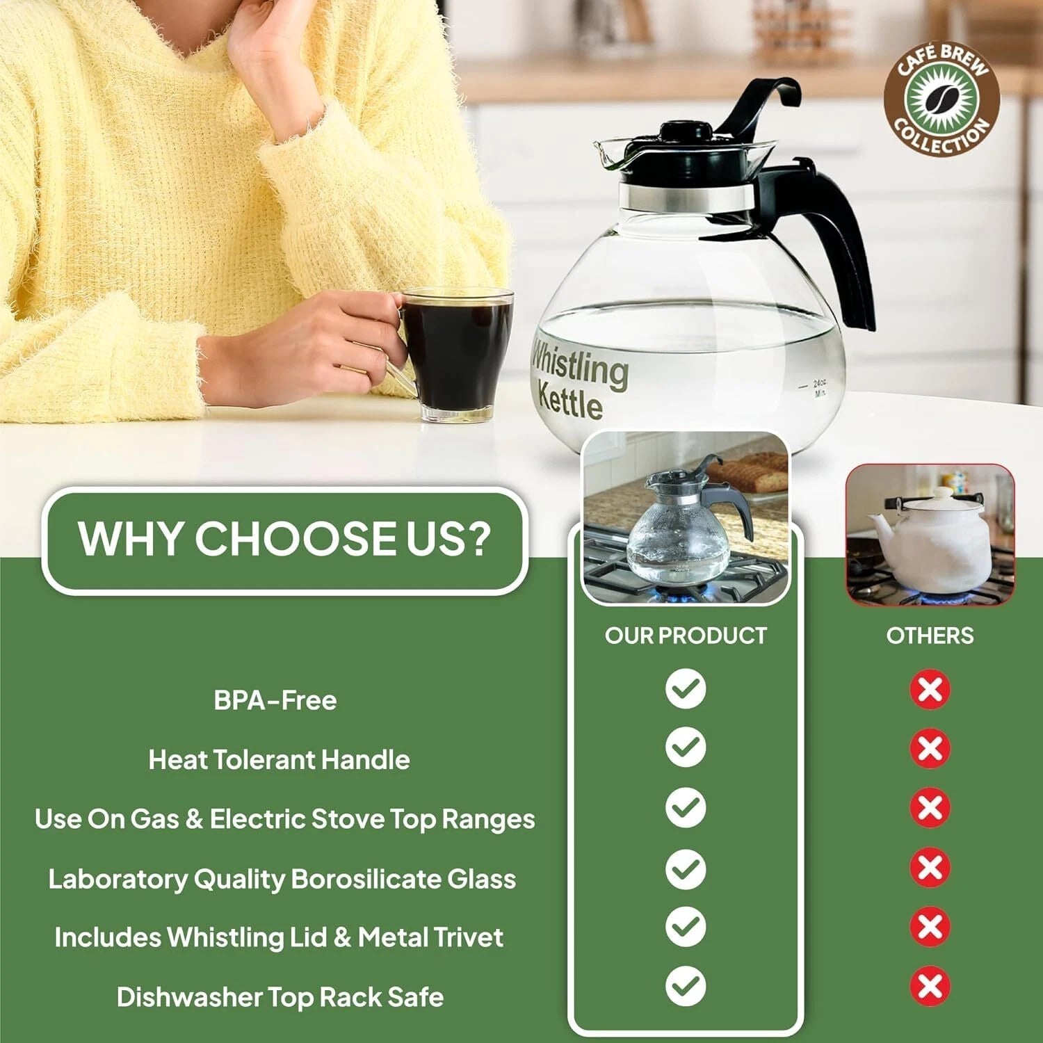 Borosilicate Glass Stove Top Whistling Tea Kettle 12 Cup/48oz Capacity -BPA-Free 07FC0E-D4 - KOEEK