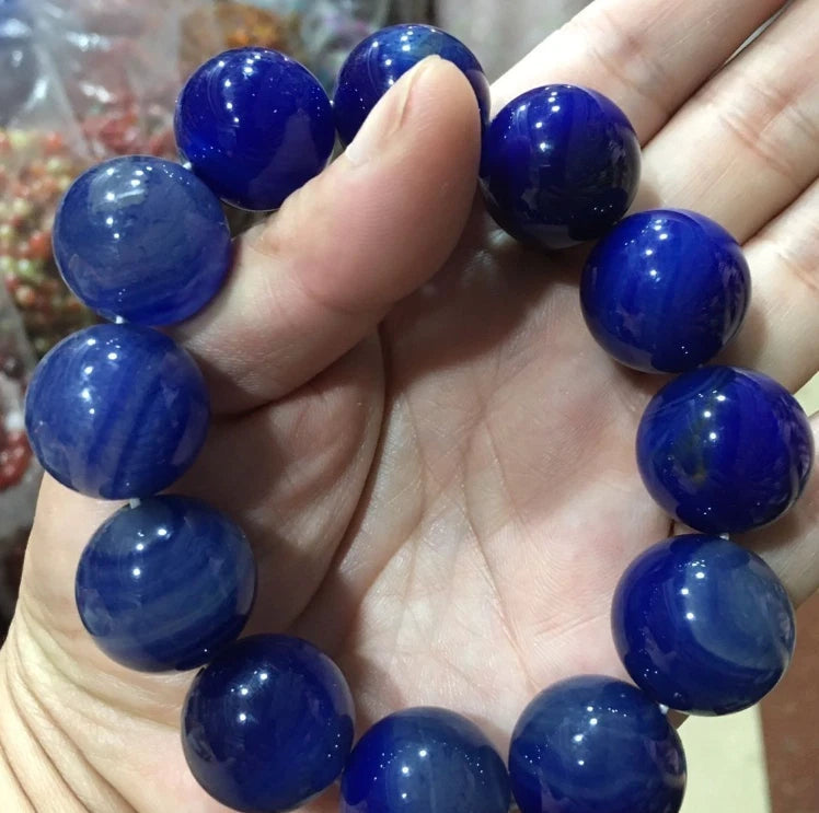 Blue Amber Bead Bracelet 20mm Round Unisex Jewelry Hand String Vintage Gift 07FC0E-D4 - KOEEK