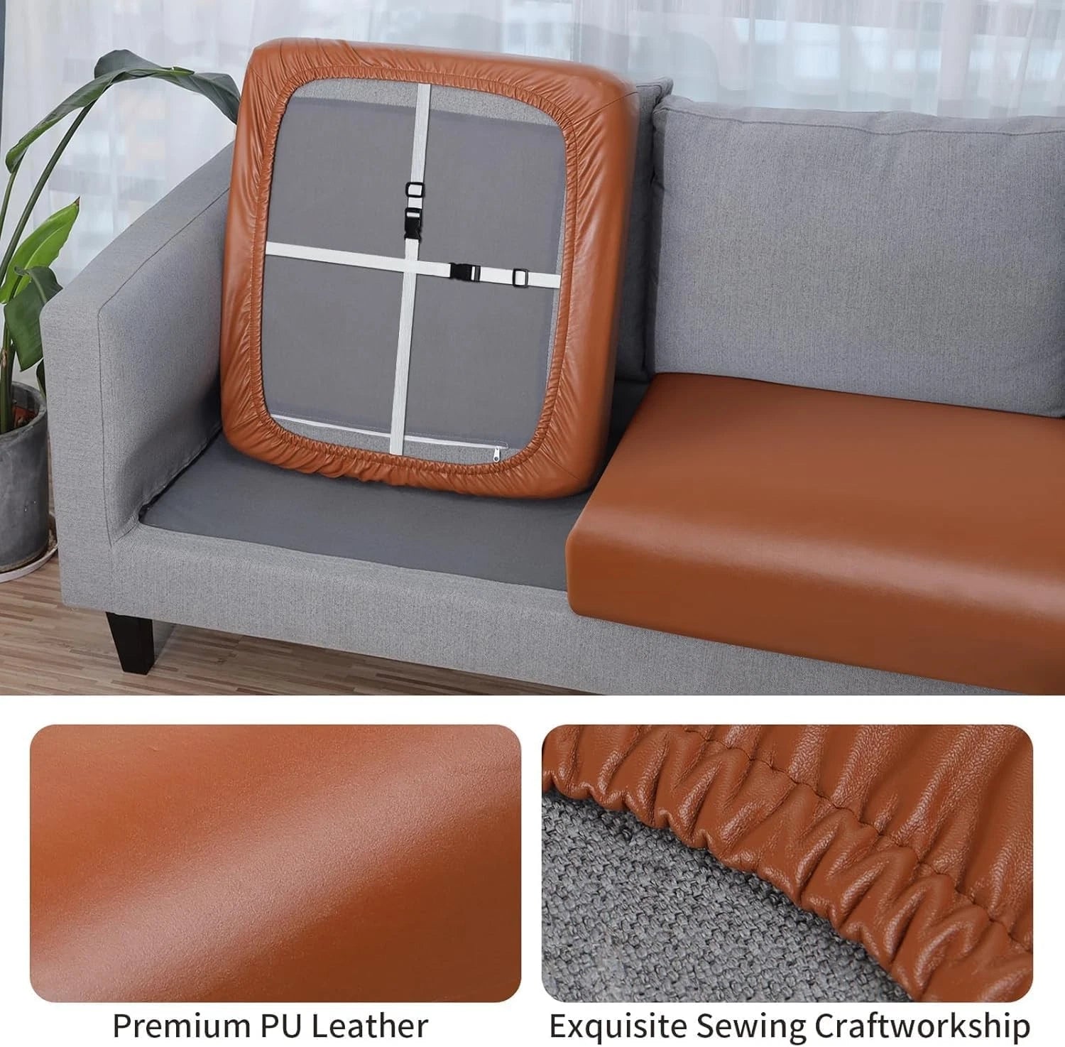 PU Leather Couch Cushion Cover, Waterproof Stretch Sofa Cushion Slipcovers 07FC0E-D4 - KOEEK
