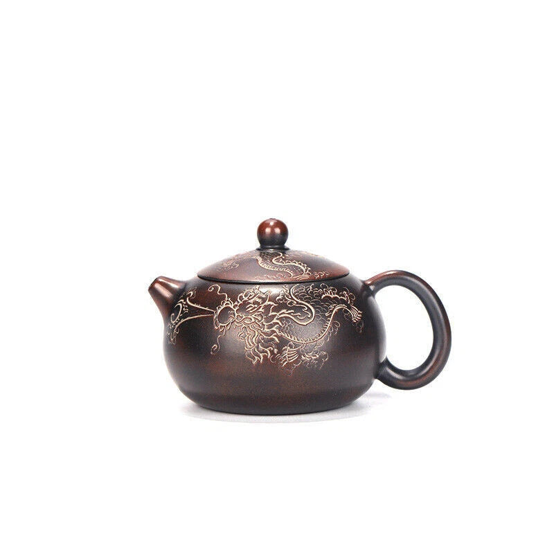 Pottery Tea Pot With Ball Shaped Infuser Holes Dragon Carved Xishi Pot Handmade 07FC0E-D4 - KOEEK