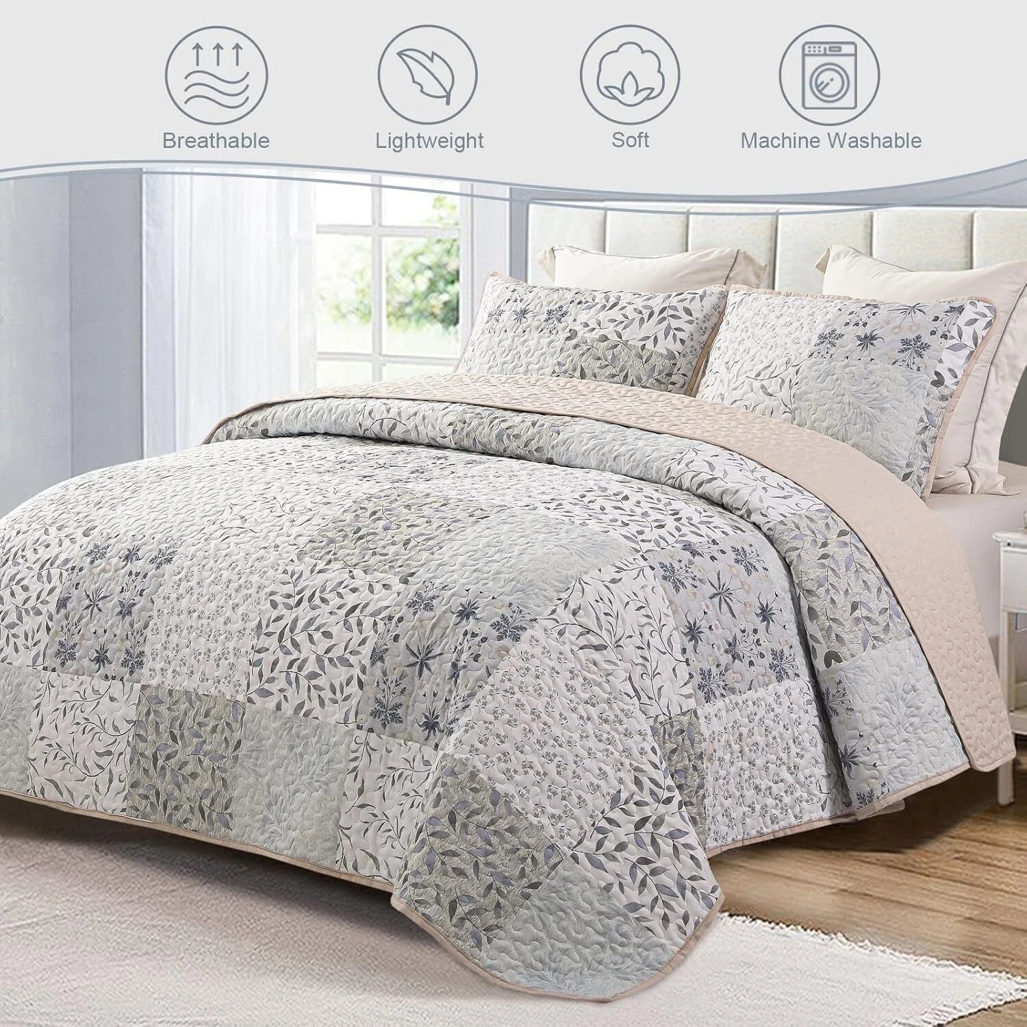 Reversible Quilt Set Queen Size, 3 Pieces Patchwork Gray All Season Bedspreads 07FC0E-D4 - KOEEK
