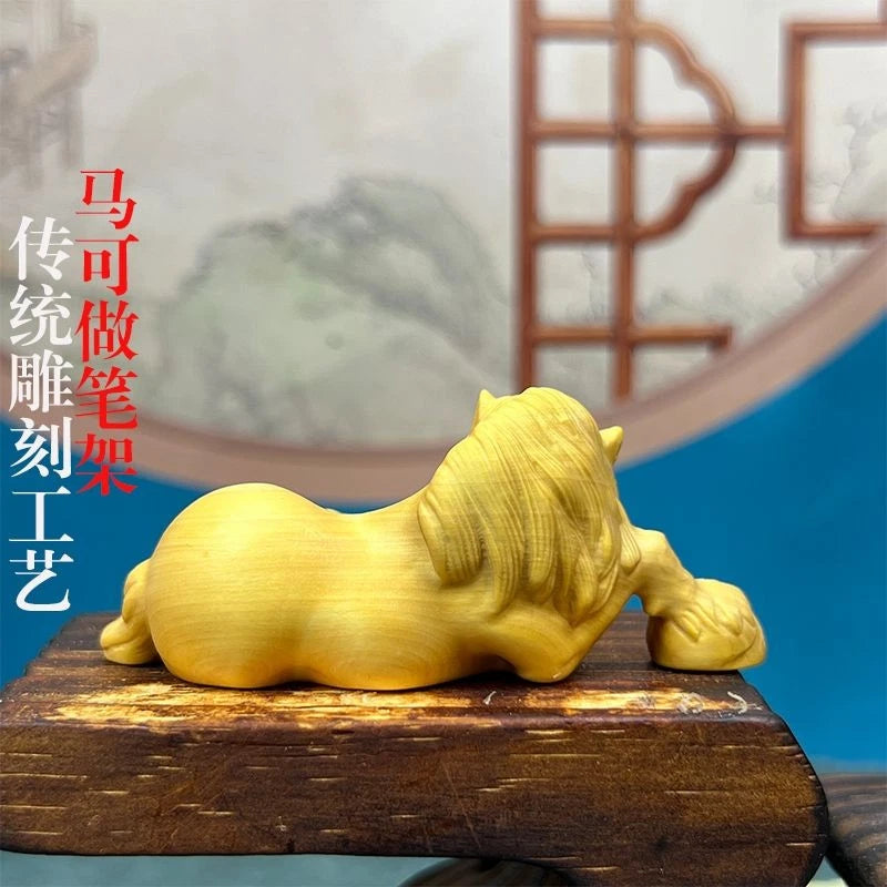 Boxwood Carved Zodiac Horse Pen Holder Desk Décor Home Office Gift Chinese Style 07FC0E-D4 - KOEEK