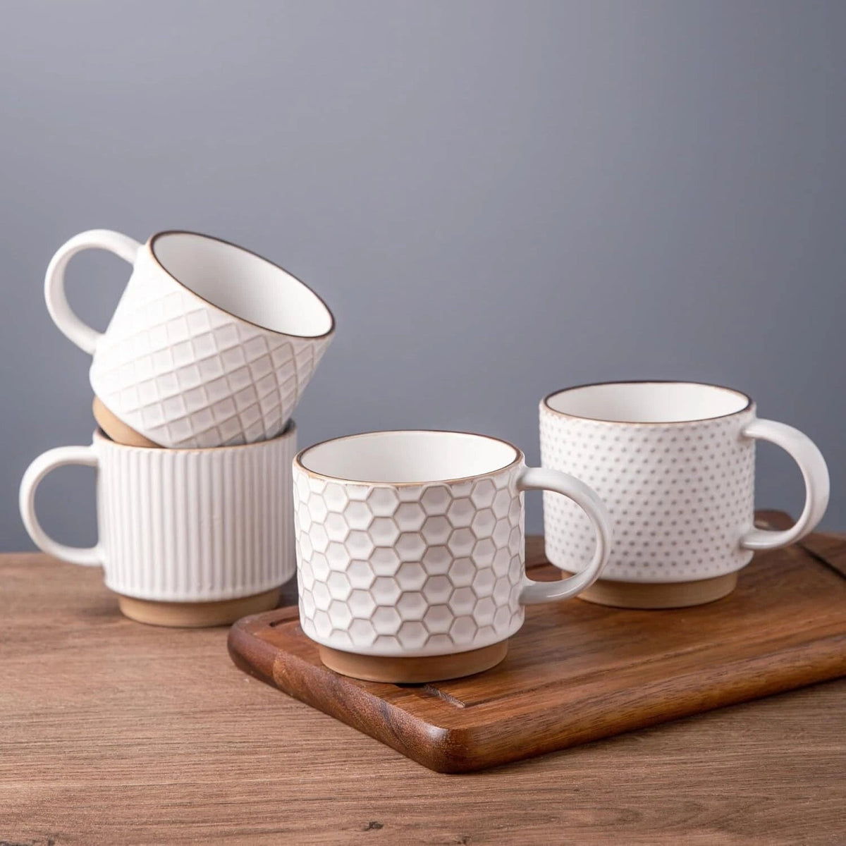12OZ Stackable Coffee Mugs, Ceramic Coffee Mugs with Texture Patterns 07FC0E-D4 - KOEEK