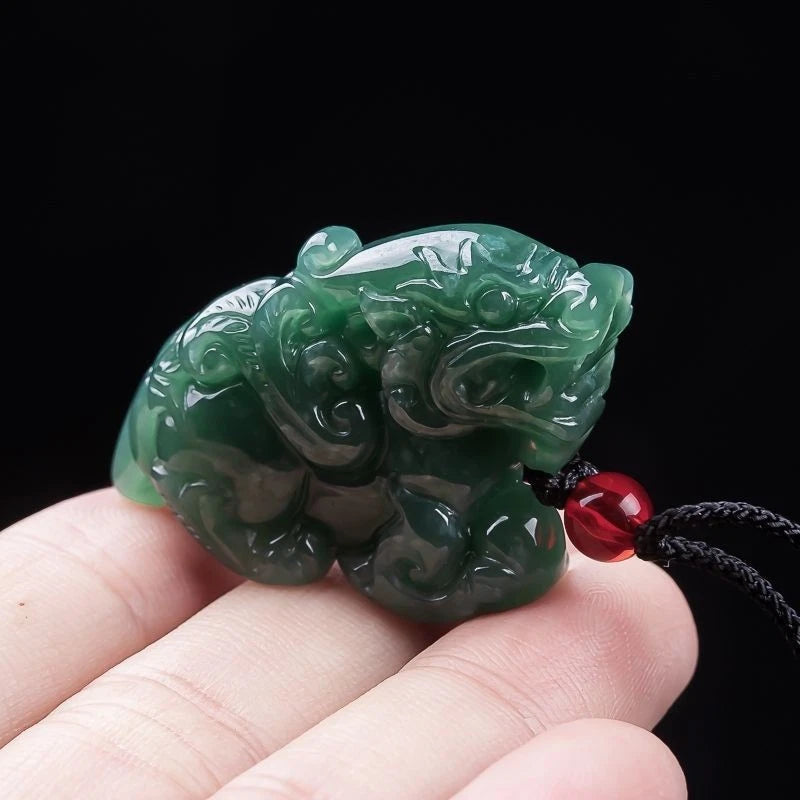 Natural Jadeite Blue Water Flying Qilin Pendant Icy Jade Wealth Mens Necklace 07FC0E-D4 - KOEEK