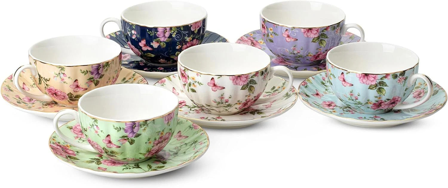 Teacup and Tea Rest, 7 oz, Teacup Set of 6, Teacup and Tea Rest Set 07FC0E-D4 - KOEEK