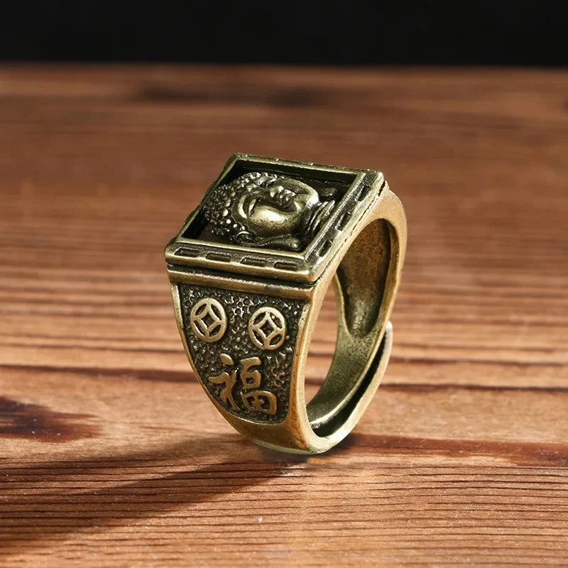 Retro Brass Sakyamuni Buddha Heads Ring Hand-carved Finger Ring Buddhism Rings 07FC0E-D4 - KOEEK