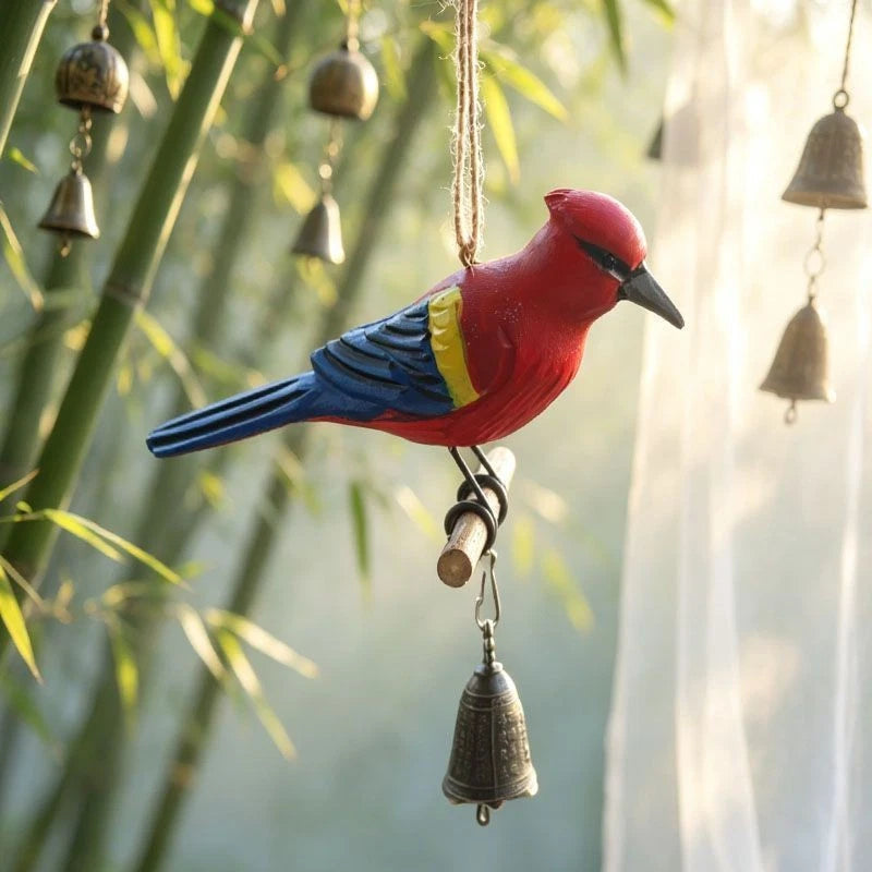 Hand Painted Wooden Bird Wind Chime Brass Bell Outdoor Patio Hanging Decor 07FC0E-D4 - KOEEK