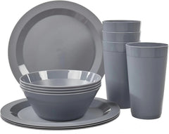 port Plastic Plate,Bowl and Tumbler Dinnerware Set for 4 in Grey Stone|12-Pic 07FC0E-D4 - KOEEK