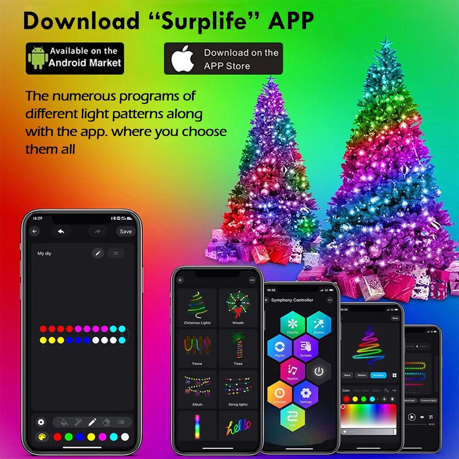 Christmas Tree String Lights Decorations with Ring Smart APP, 200 LED Waterfall 07FC0E-D4 - KOEEK