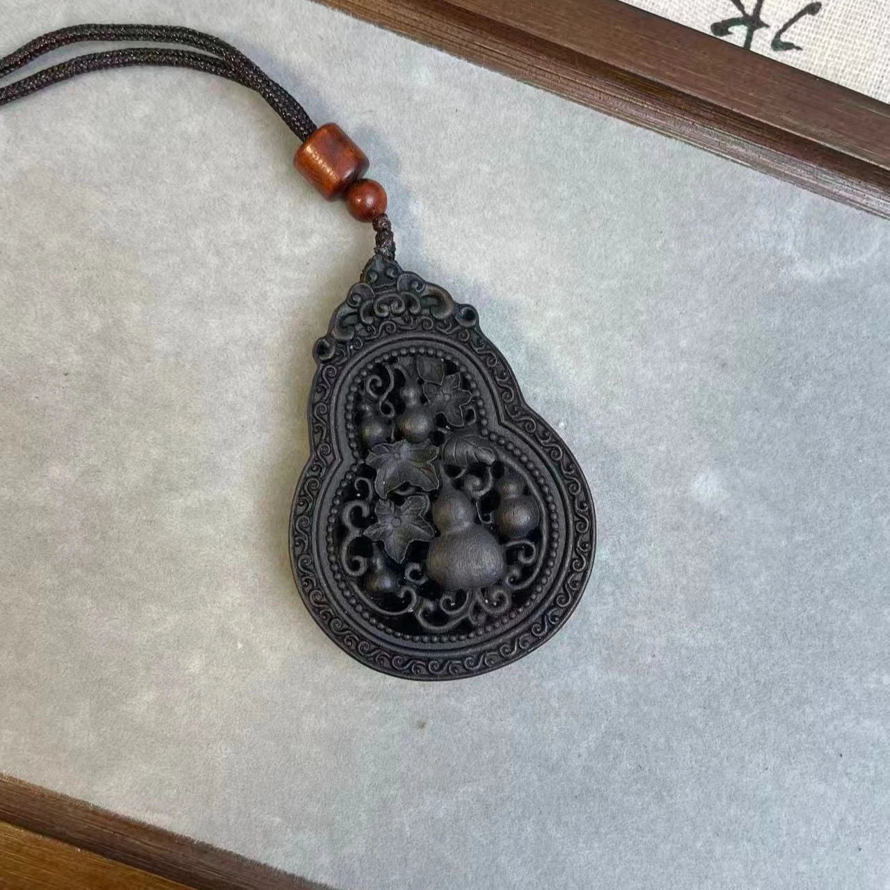 Agarwood Double Sided Carved Hollow Gourd Pendant  Charm Necklace 07FC0E-D4 - KOEEK