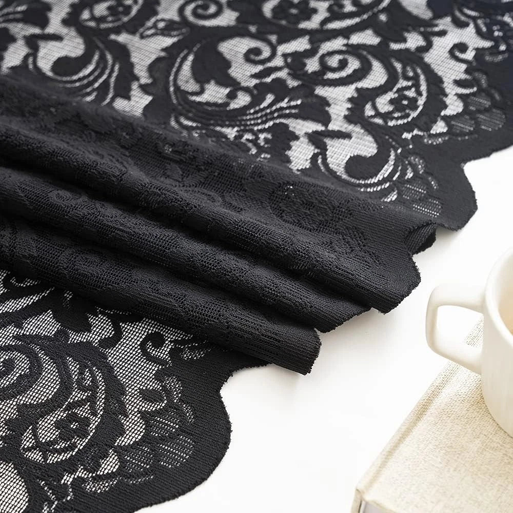 Black lace curtains, 24 inches long,2 pieces, dimensions:52 inches × 24 inches. 07FC0E-D4 - KOEEK