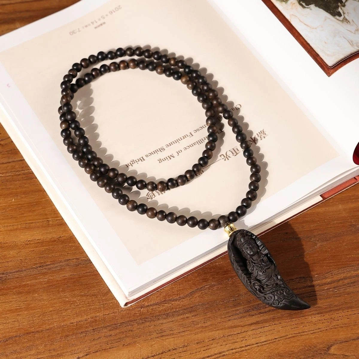 Vietnam Agarwood Crescent Guanyin 108 Beads Necklace Car Hanging Ornament 07FC0E-D4 - KOEEK