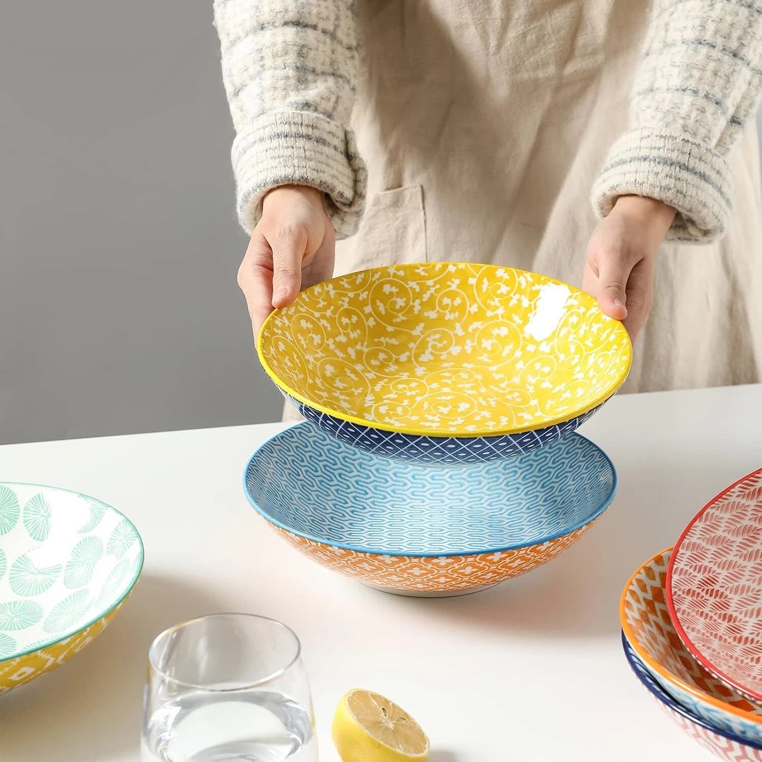 40 oz Porcelain Large Bowl 9” Large Pasta Salad Bowl, Color, Set of 6 07FC0E-D4 - KOEEK