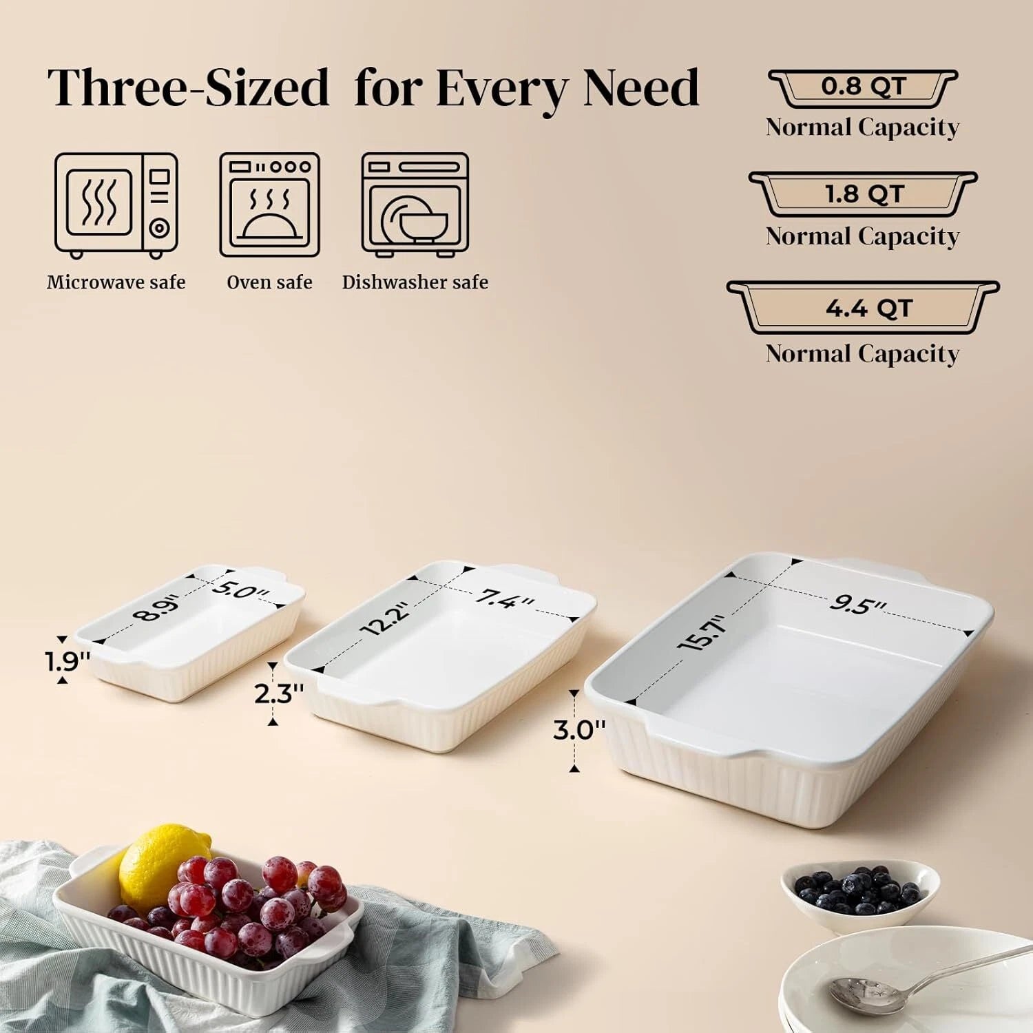 Oven Casserole, Baking Pan Set, Ceramic Bakeware 3-Piece Set 07FC0E-D4 - KOEEK