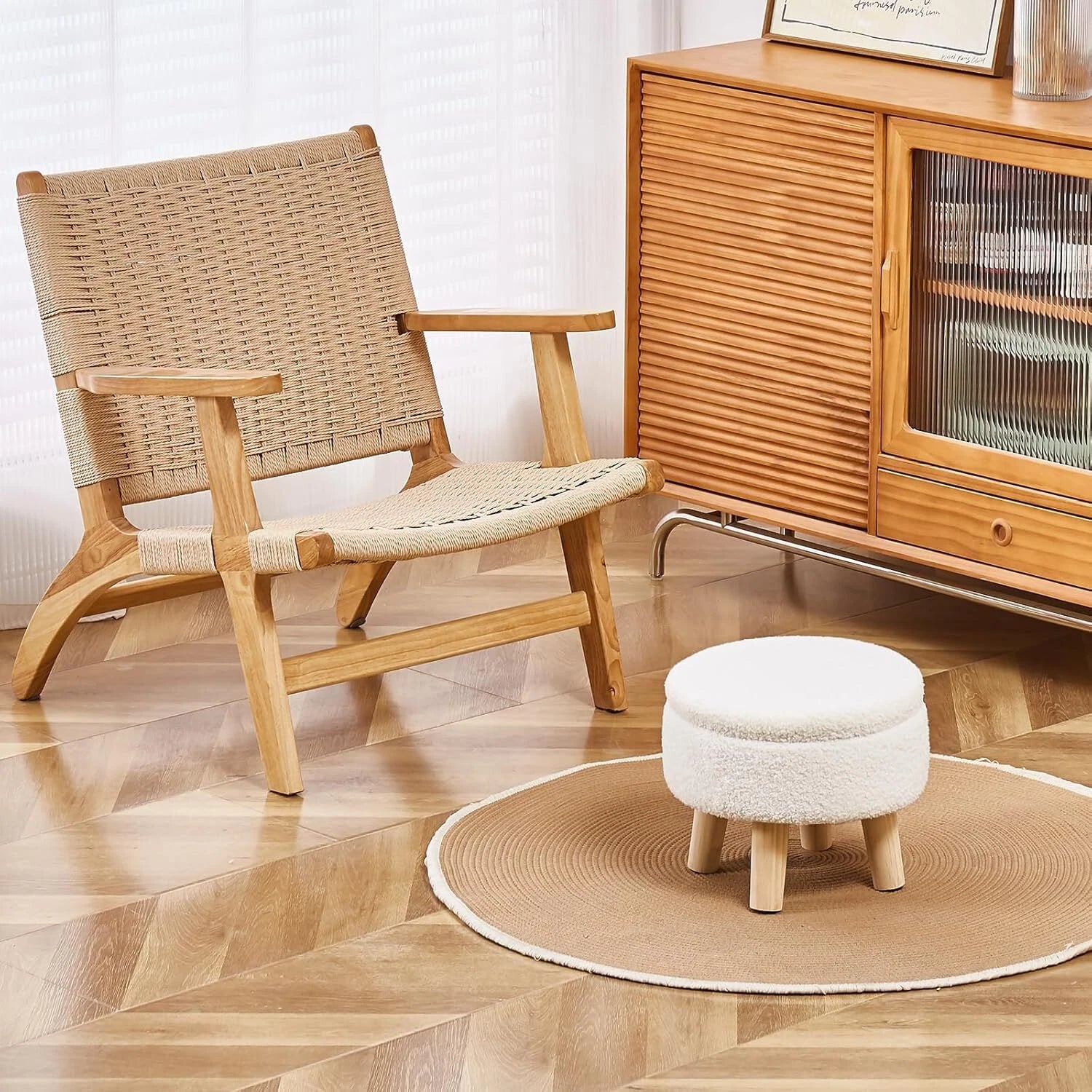 Storage Ottoman with Modern Round Footrest with Soft Upholstered Seat Cushion, 07FC0E-D4 - KOEEK