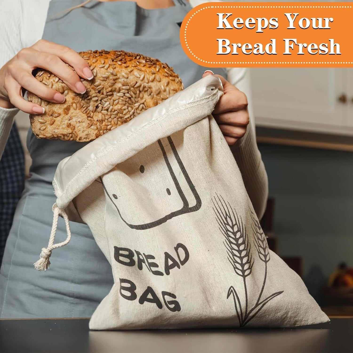 new Linen Bread Bags, 2 Pack - Plastic Lined, Reusable One Size, ivory white