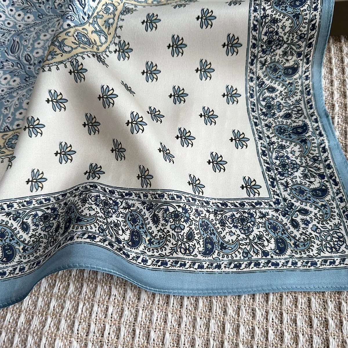 Silk Square Scarf 65*65cm Women Blue Paisley Flower Kerchief Headscarf Wrap 07FC0E-D4 - KOEEK