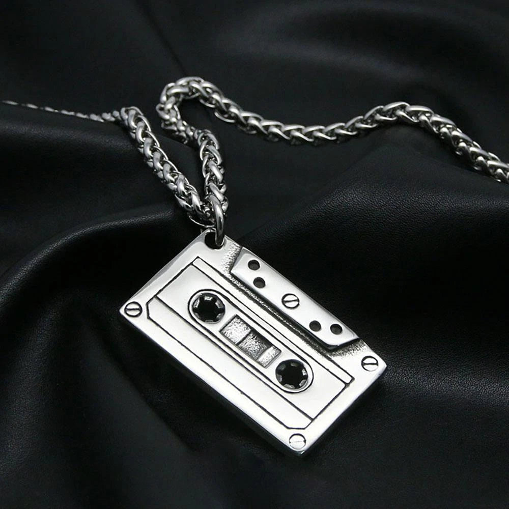 Retro Cassette Tape Necklace Stainless Steel Pendant Chain Rock Jewelry Gift 23" 07FC0E-D4 - KOEEK