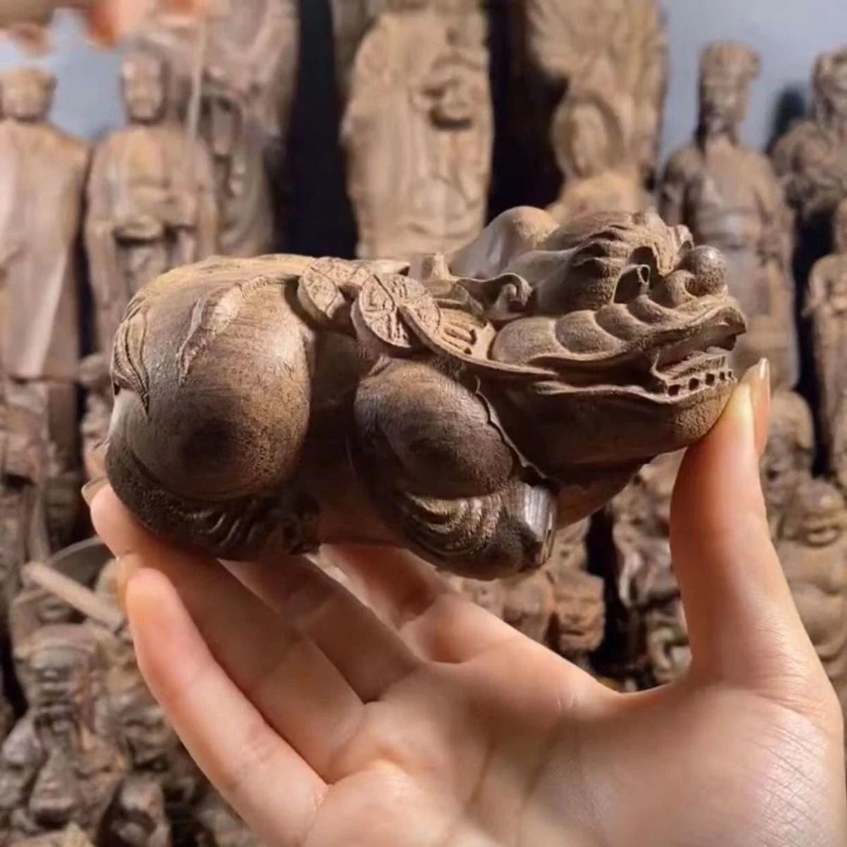 Agarwood Pixiu Figurine Pair 16cm Wood Carving Feng Shui Office Home Decor 07FC0E-D4 - KOEEK