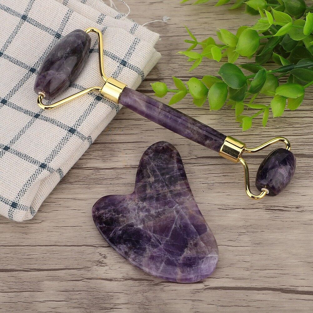 new Amethyst Double Head Jade Stone Roller & Guasha Scrapping Plate Massage Kit HGF koeek - KOEEK