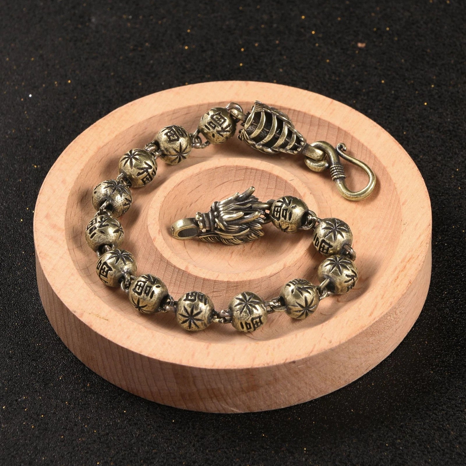 Vintage Zodiac Dragon Bracelet Brass Aged Bead Chain Buddha Charm Copper Jewelry 07FC0E-D4 - KOEEK