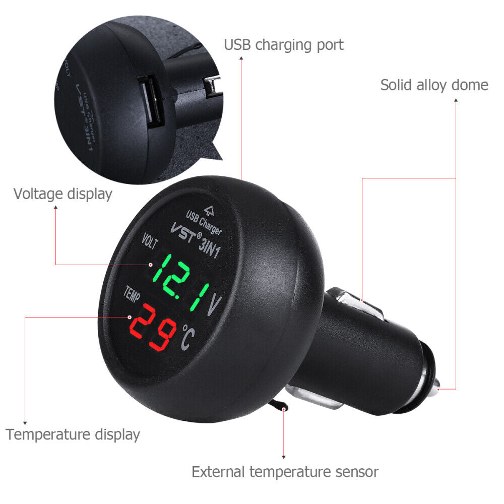 ny bil sigarettenneruttak Lader med termometer 12V Jordfarger Voltmeter