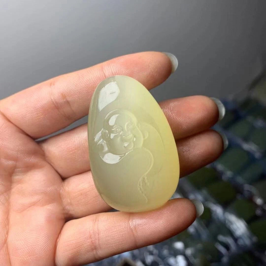 White Jade Rough Stone Hetian Blue Maitreya Buddha Attracts Wealth 07FC0E-D4 - KOEEK