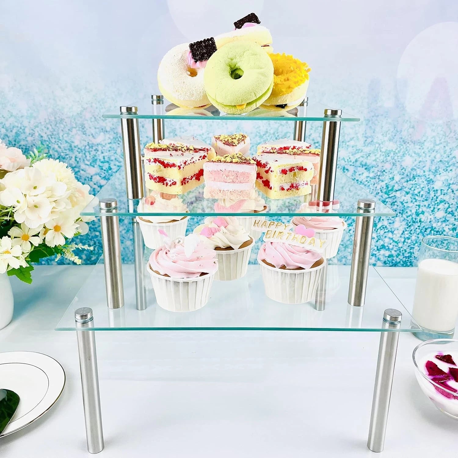 3Pcs Round Tempered Glass Cake Stands Set 8''10''13''Cupcake Display Stand Plate 07FC0E-D4 - KOEEK