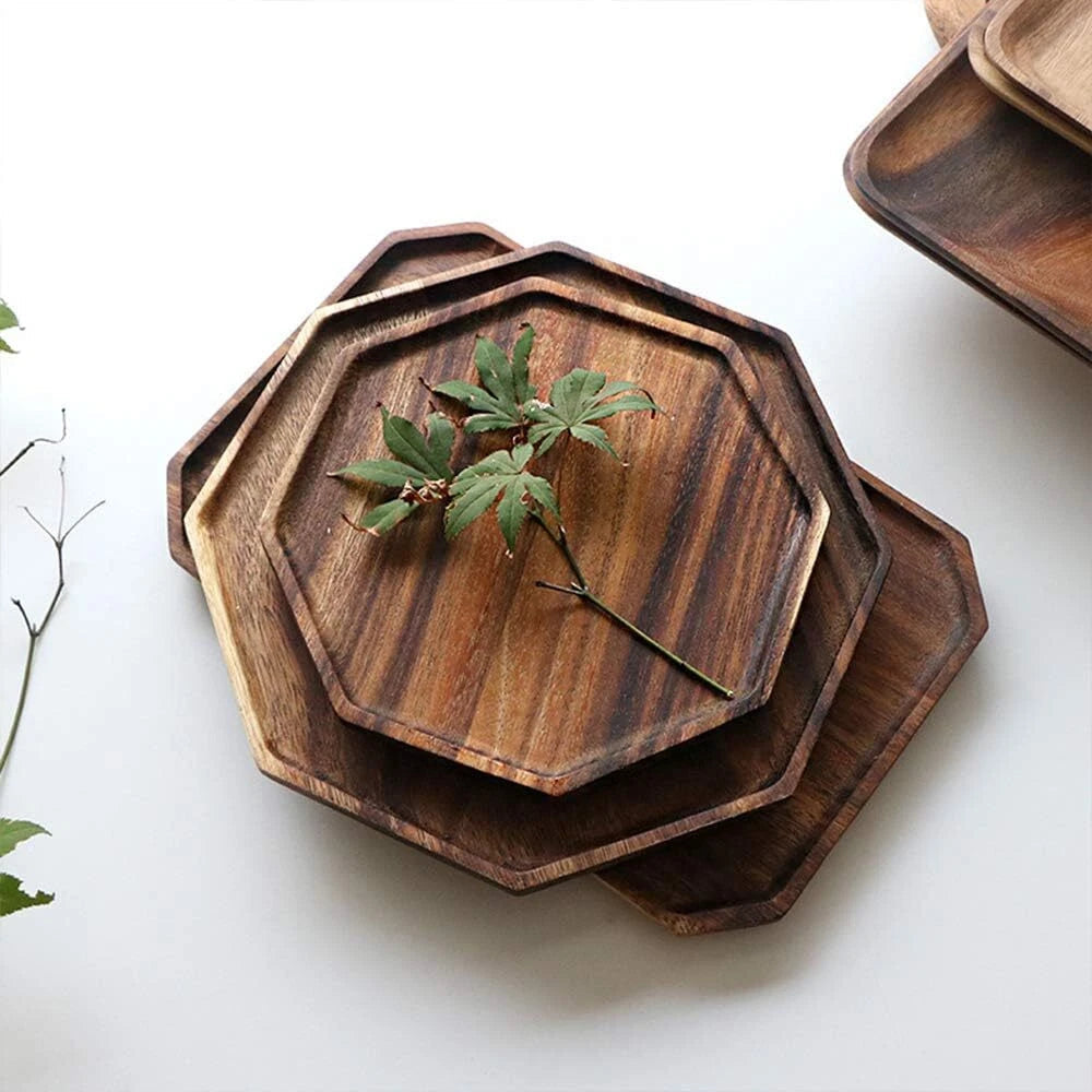 Set of 2 Acacia Wooden Trays Serving Platters Round Square Veggie Serving Tray 07FC0E-D4 - KOEEK
