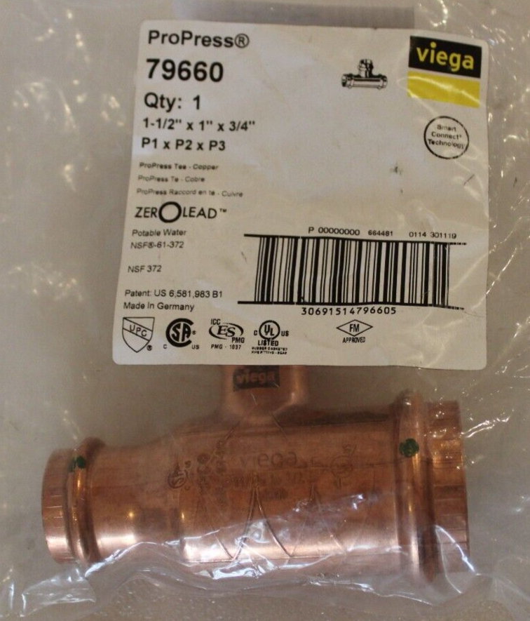 new Viega 79660 - 1-1/2" " P x P x P - Pro-Press Copper Reducing Tee koeek - KOEEK