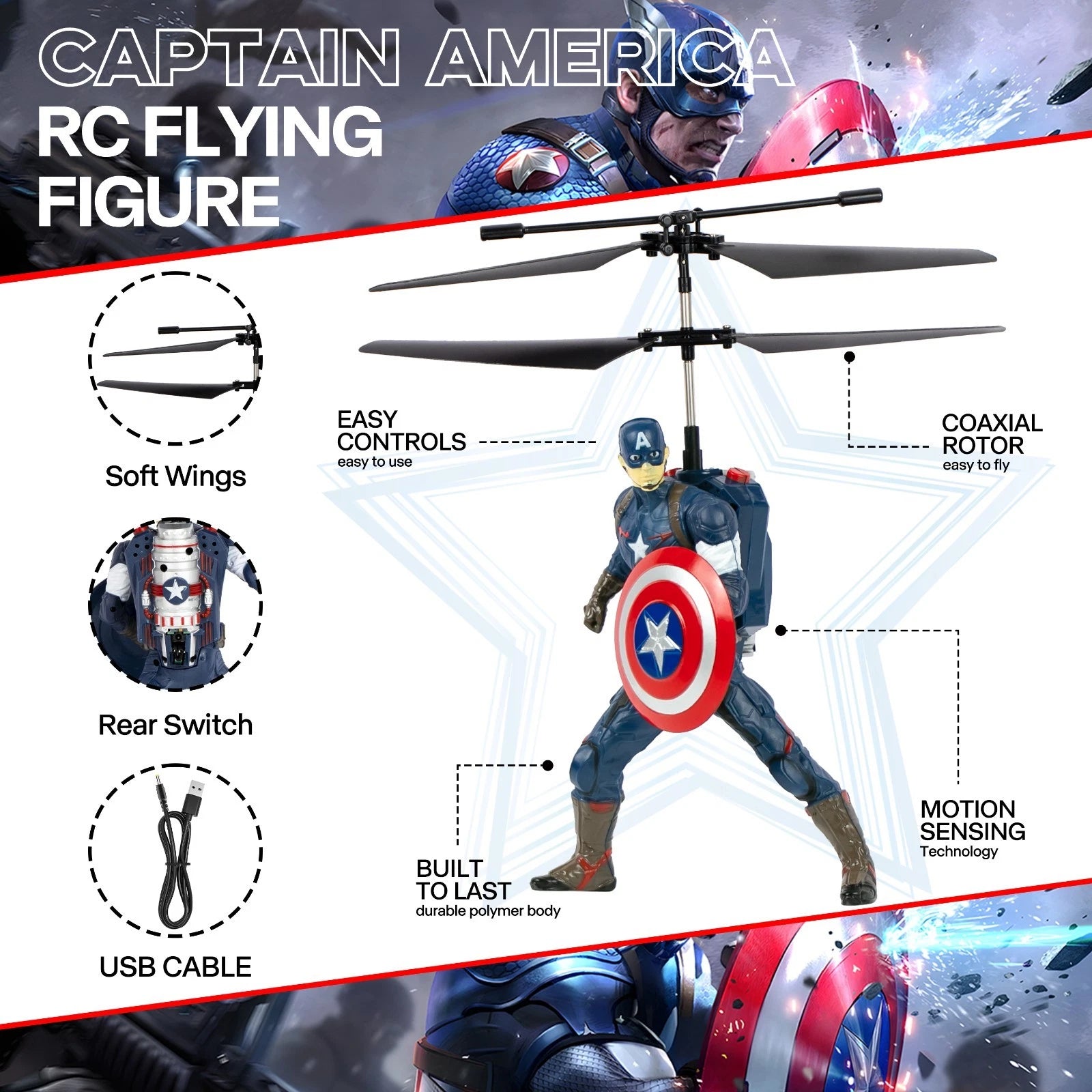 Marvel Avengers Captain America RC Helicopter with LED Lights and Gyro Stabilize MARVEL - KOEEK