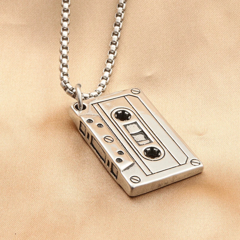 Retro Cassette Tape Necklace Stainless Steel Pendant Chain Rock Jewelry Gift 23" 07FC0E-D4 - KOEEK