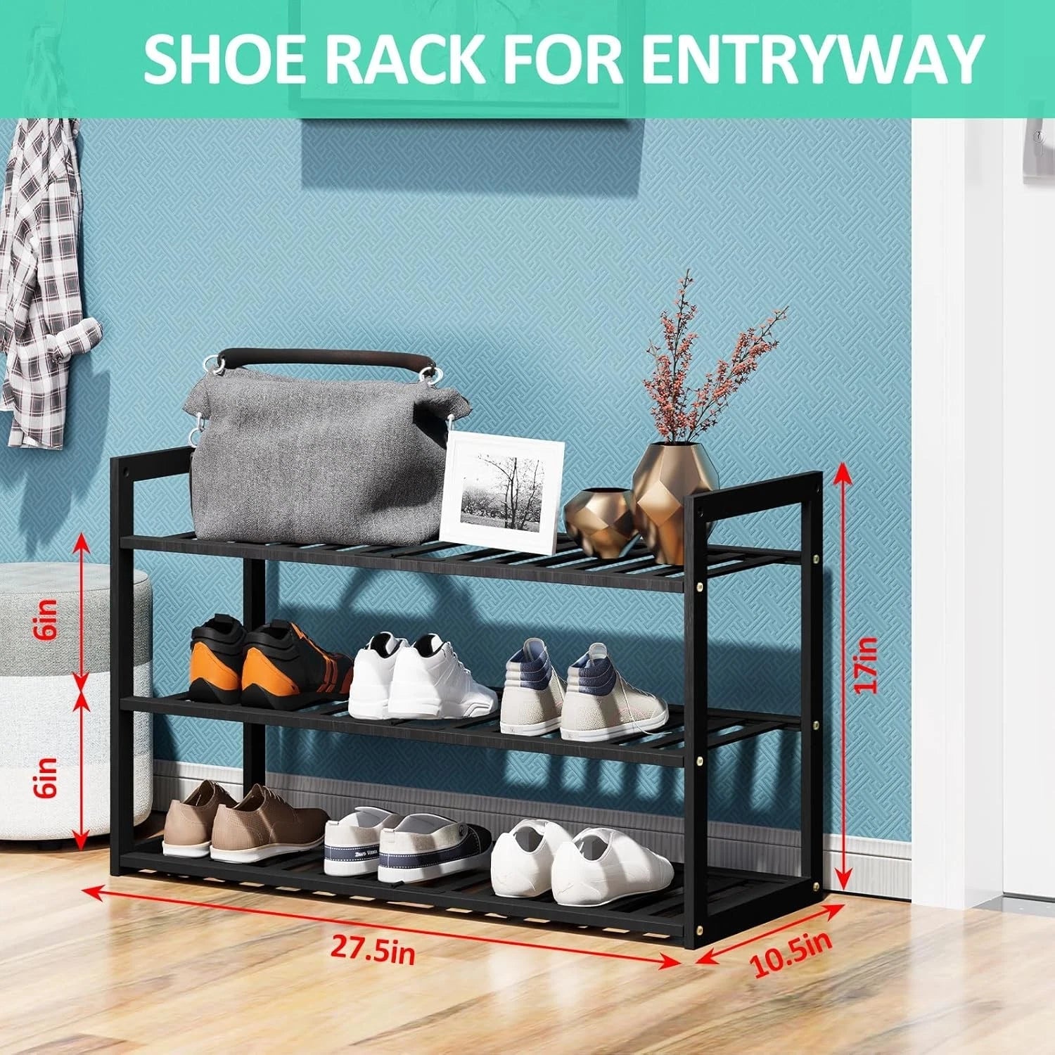 Bamboo shoe rack, stackable three-tier shoe rack, can store 9-12 pairs of shoes 07FC0E-D4 - KOEEK