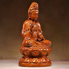 Pear Wood Sitting Lotus Guanyin Bodhisattva Buddha Ornament Engrave Arts Crafts 07FC0E-D4 - KOEEK