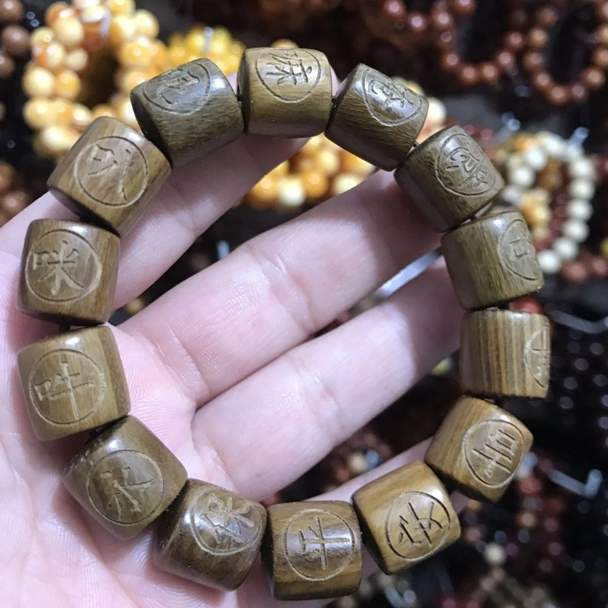 Green Sandalwood Bracelet 20mm Beads Six Syllable Mantra Mala Agarwood Beads 07FC0E-D4 - KOEEK