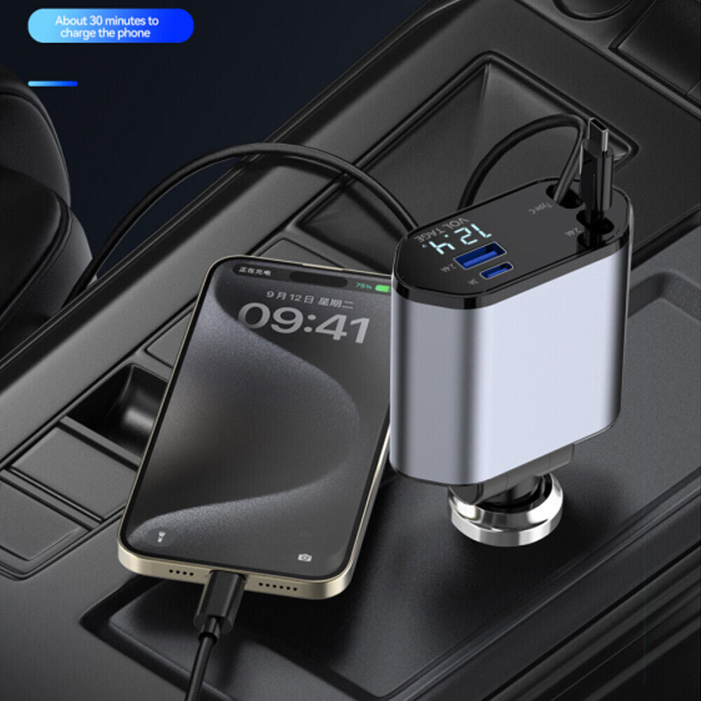 new 4 IN 1 Retractable Car Charger Cable Dual Port USB C PD Fast Charging Adapter koeek - KOEEK