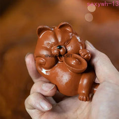 Purple Clay Tea Pet Animal Statue  Cat Handmade Sculpture Jewelry Chinese 07FC0E-D4 - KOEEK
