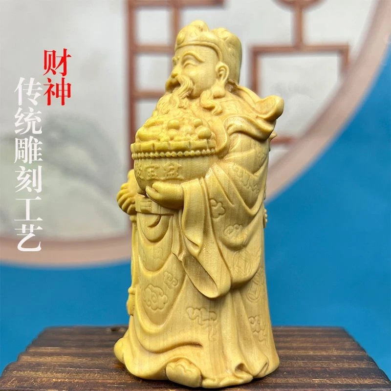 Boxwood Carved Wealth God Figurine Prosperity Home Office Desk Décor Hand Piece 07FC0E-D4 - KOEEK