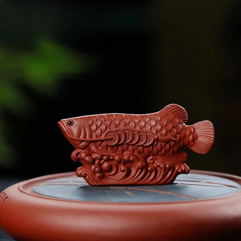 9.6cm Purple Clay Handcarved Dragon Fish Tea Pet Auspicious Fengshui Ornament 07FC0E-D4 - KOEEK