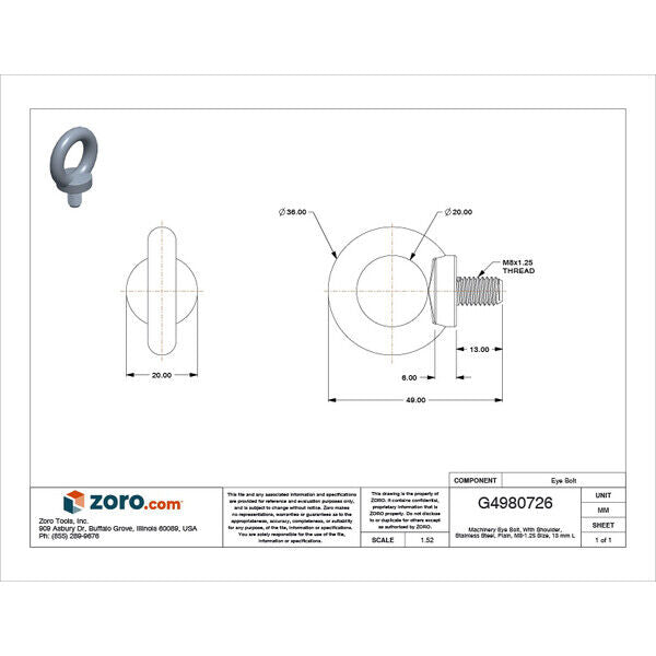 new Zoro Select M51940.080.0001 Machinery Eye Bolt With Shoulder, M8-1.25, 13 Mm