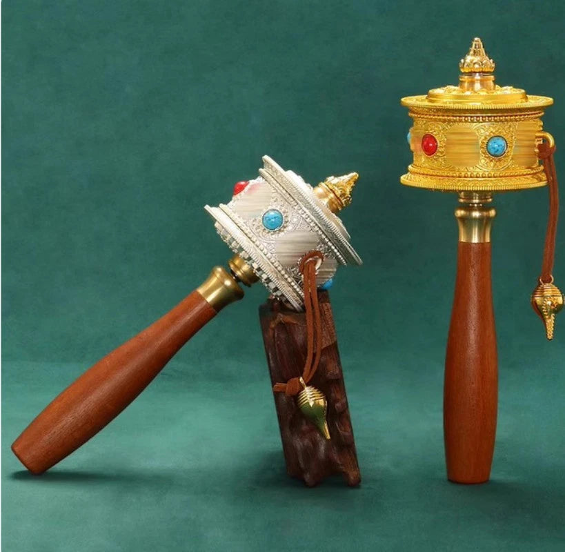19.3cm Alloy Hand-cranked Six-character Mantra Buddhism Scripture Prayer Wheel 07FC0E-D4 - KOEEK
