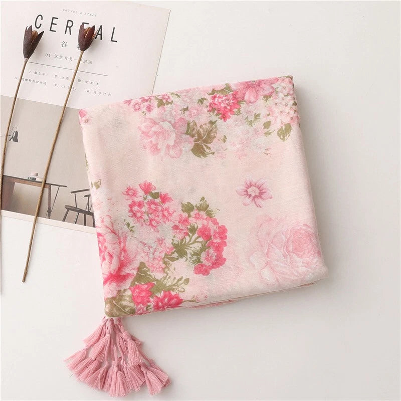 Womens Pink Floral Shawl Tassel Romantic Soft Flower Print Pashmina Wrap Scarf 07FC0E-D4 - KOEEK