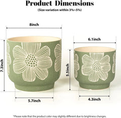 8-Inch + 6-Inch White Floral Pattern Planter, Sand Glazed Ceramic Planter,Green 07FC0E-D4 - KOEEK