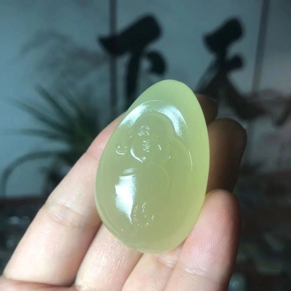 White Jade Rough Stone Hetian Blue Maitreya Buddha Attracts Wealth 07FC0E-D4 - KOEEK